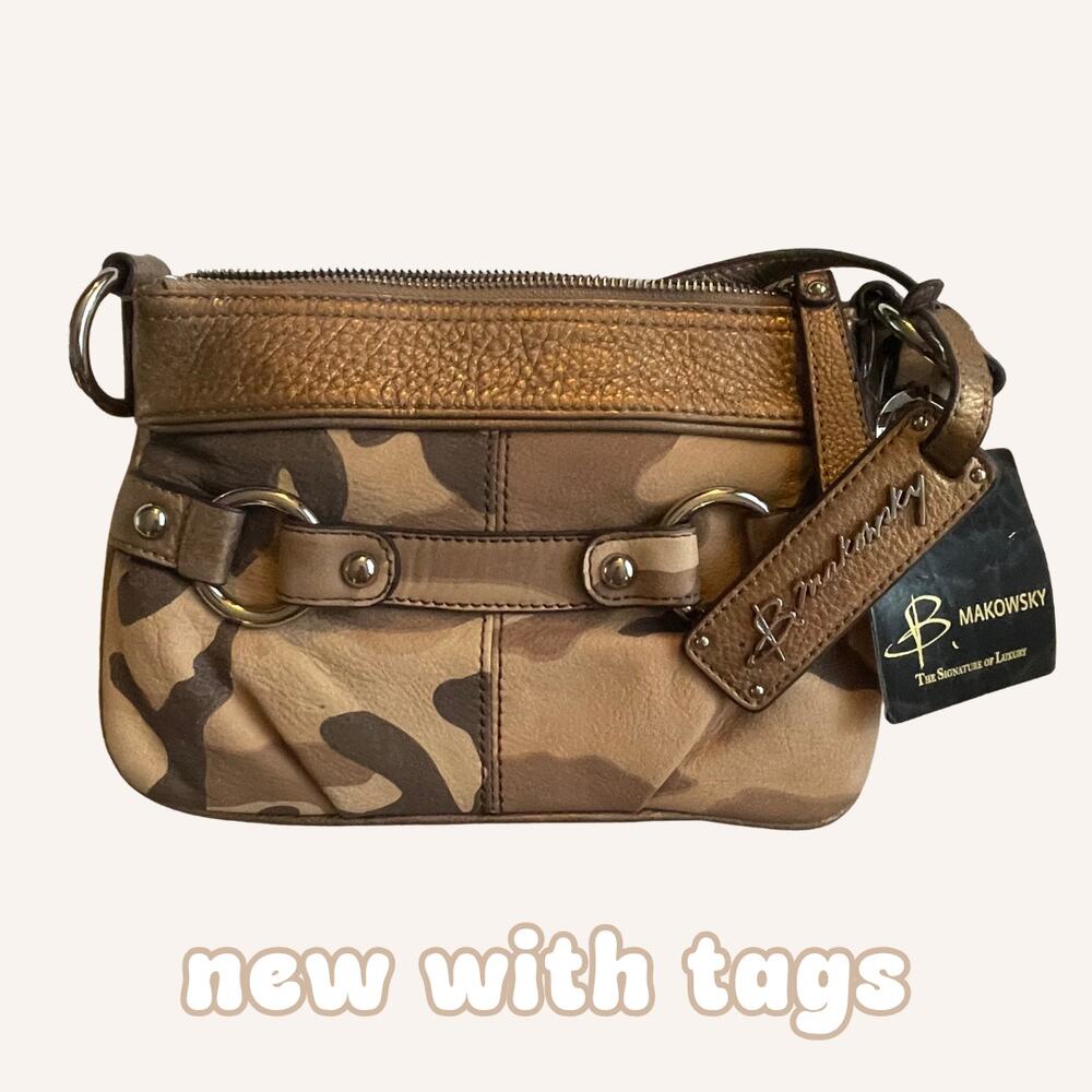 B MAKOWSKY purse mini crossbody brown camo NWT leather silver hardware